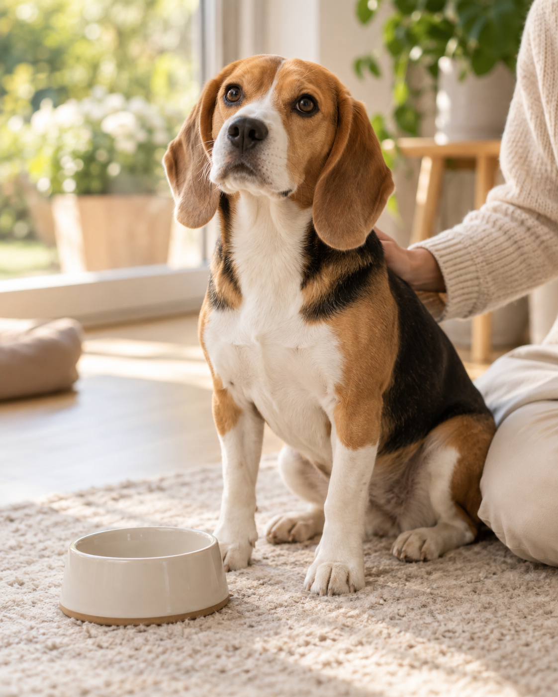 Ein Beagle sitzt entspannt neben seinem Napf und seinem Menschen im warmen Morgenlicht.