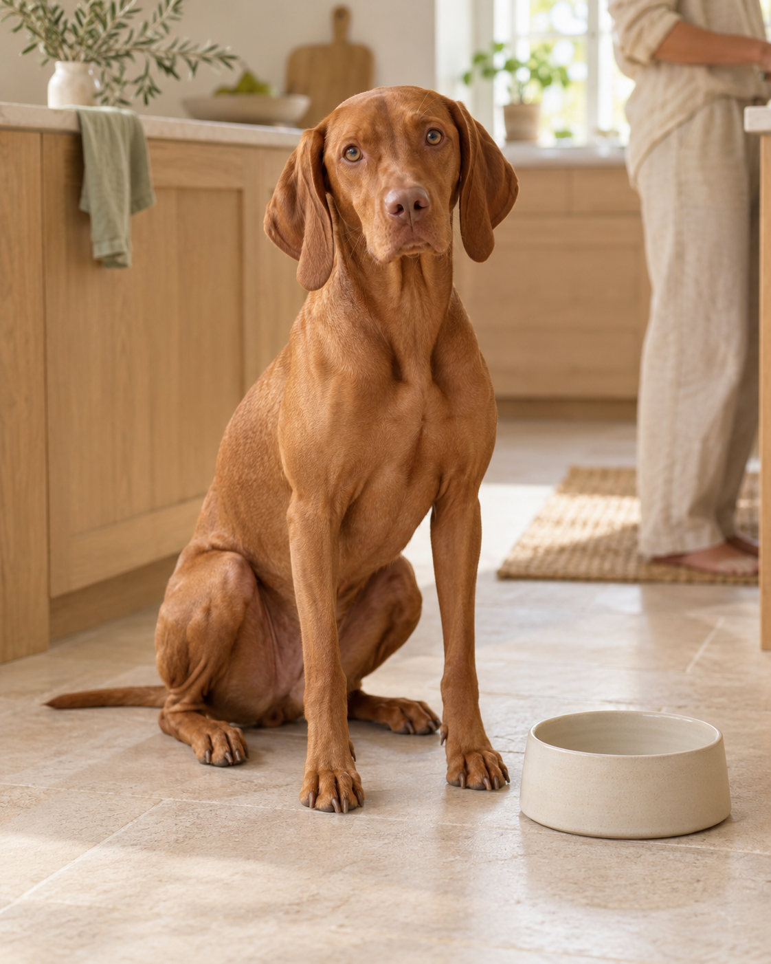 Ein Vizsla sitzt neben seinem Napf in einer hellen Küche.