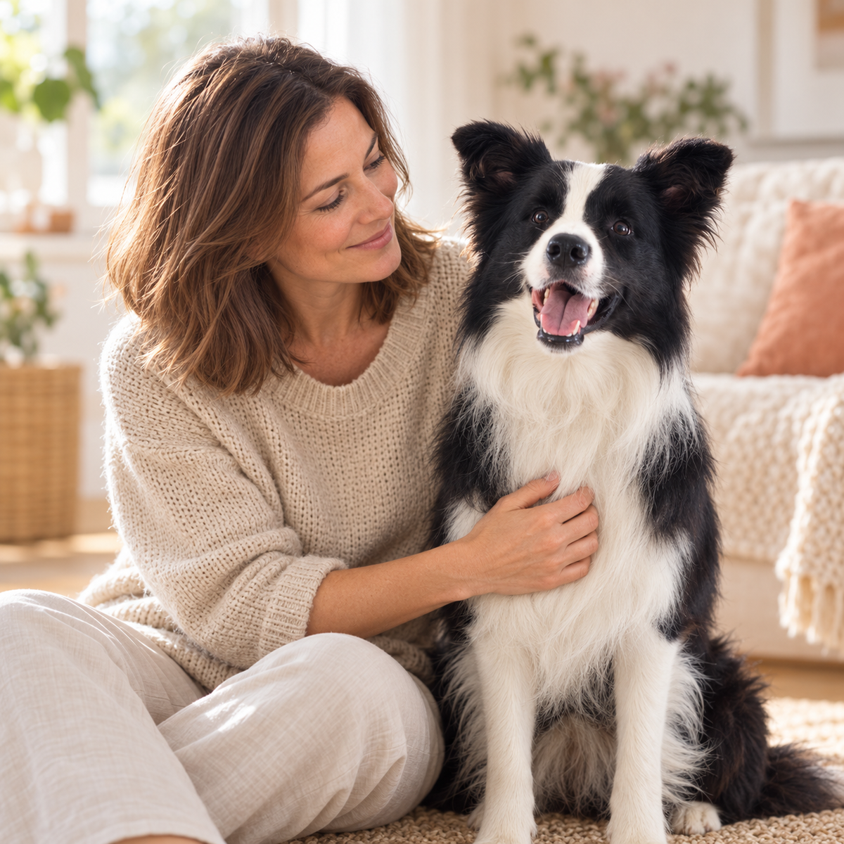 Eine Frau hält liebevoll ihren schwarz-weißen Border Collie zu Hause.