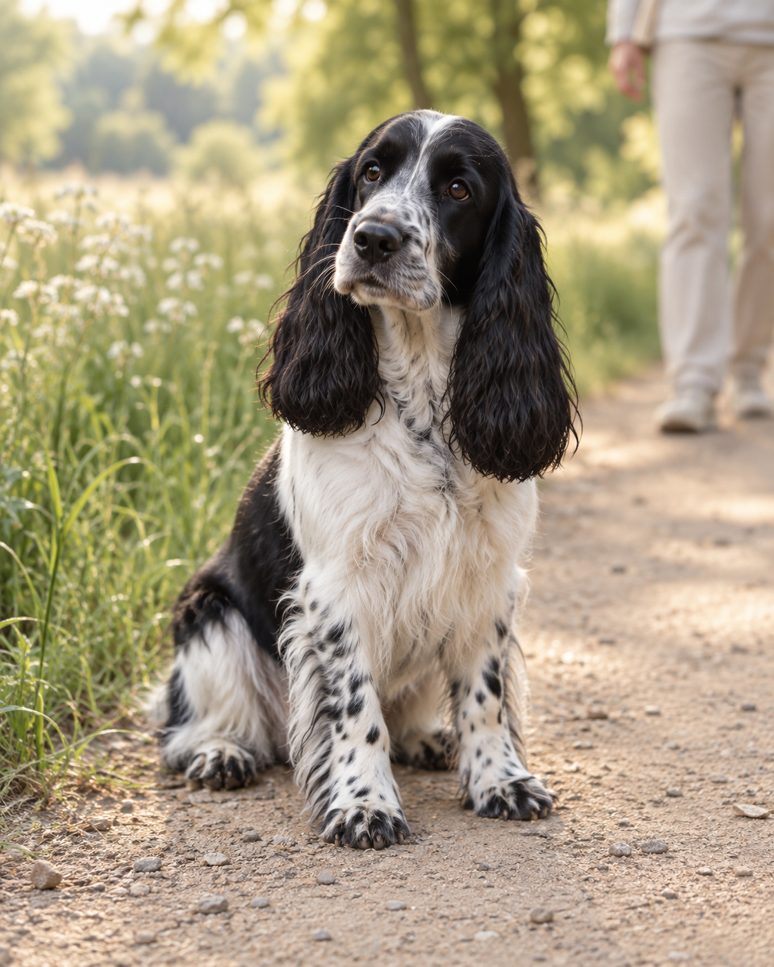 Ein schwarz-weißer Cocker Spaniel sitzt mit seinem Menschen auf einem Weg am Wiesenrand.