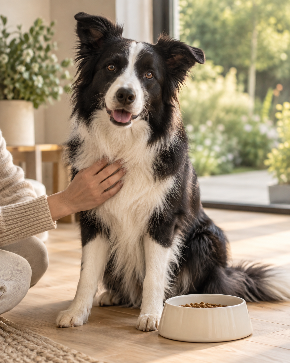 A Border Collie sits beside its food bowl while being gently stroked.