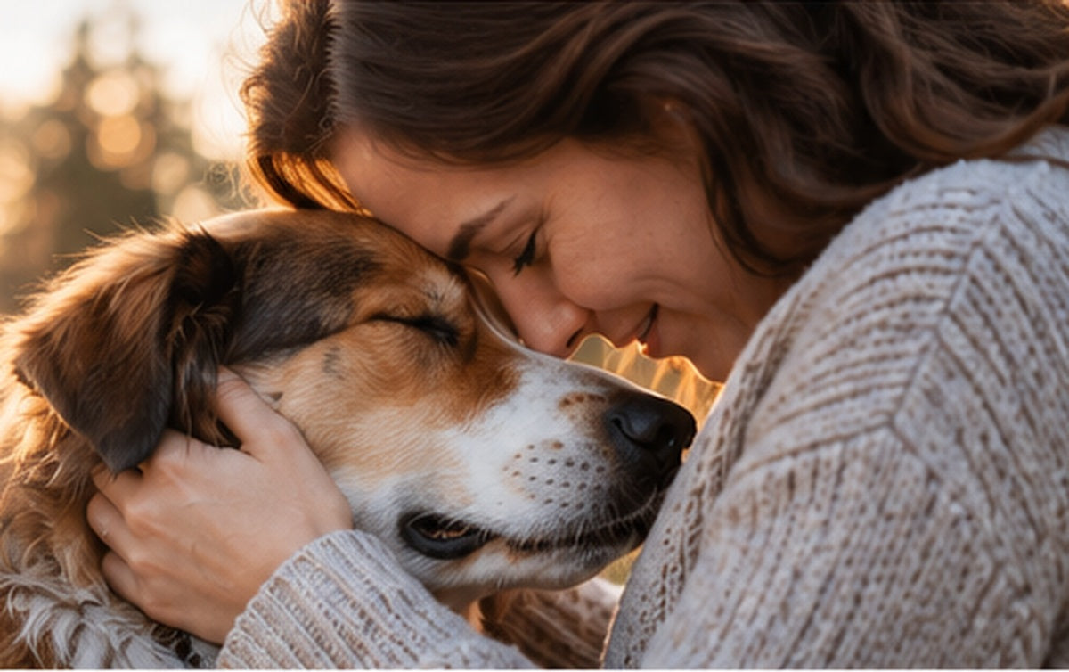 Eine Frau hält liebevoll ihren schwarz-weißen Border Collie zu Hause.