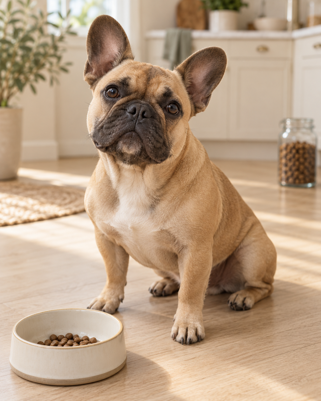 A French bulldog sits beside a food bowl in warm morning light.