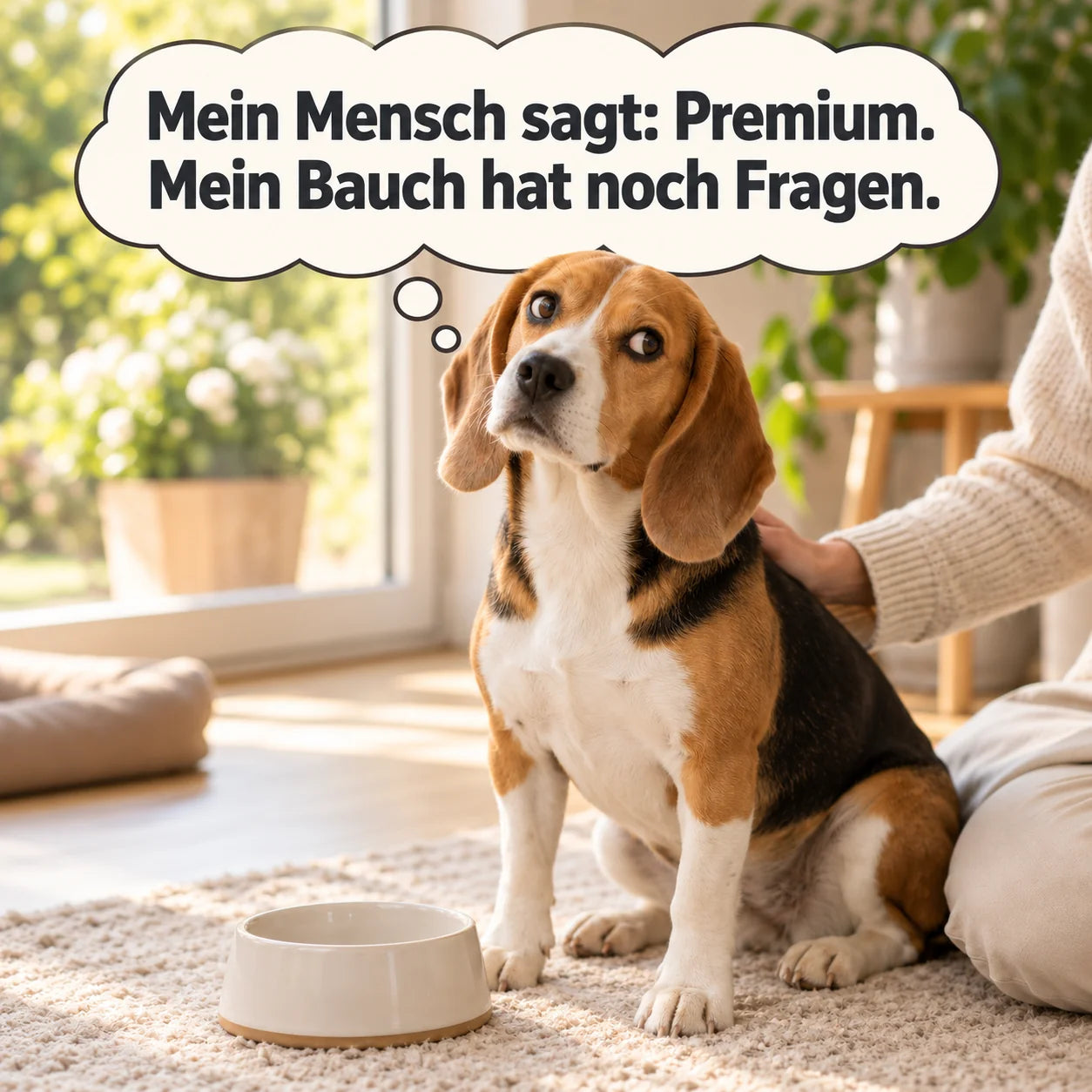 Beagle mit skeptischem Blick neben seinem Napf. Gedankenblase: Mein Mensch sagt: Premium. Mein Bauch hat noch Fragen.